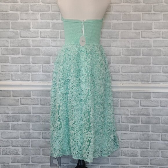 Storia Strapless Smocked Floral Midi Dress Mint Green Romantic Fairycore NEW M - Picture 2 of 9